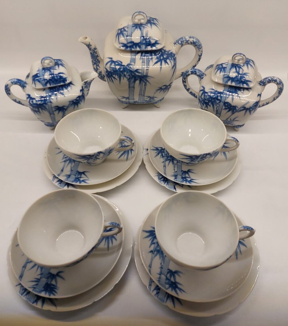 Antique Japanese Meiji Porcelain Tea Set 15pc Signed Dai Nippon Mino Kato Bamboo